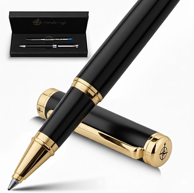 WANDERINGS Premium Rollerball Pen with German Ink – Perfectly Balanced for a Superb Writing Experience, 24K Gold Plated Black – Piano Black - Includes a Schmidt Refill in a Giftable Presentation Case