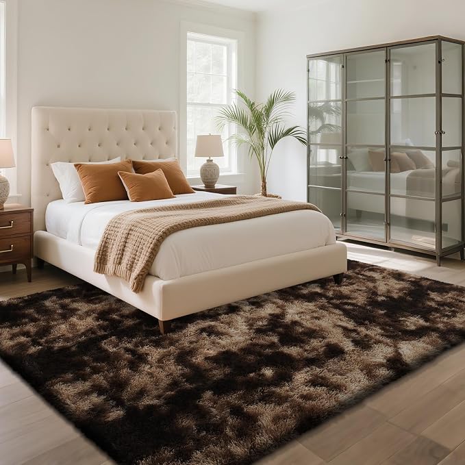 Fluffy Rug Shag Area Rug, Mottling Brown 5x8 Area Rugs for Bedroom, Small Bedside Rug, Soft Fluffy Shag Entryway Throw Rugs for Living Room Bedroom Room Home Decor