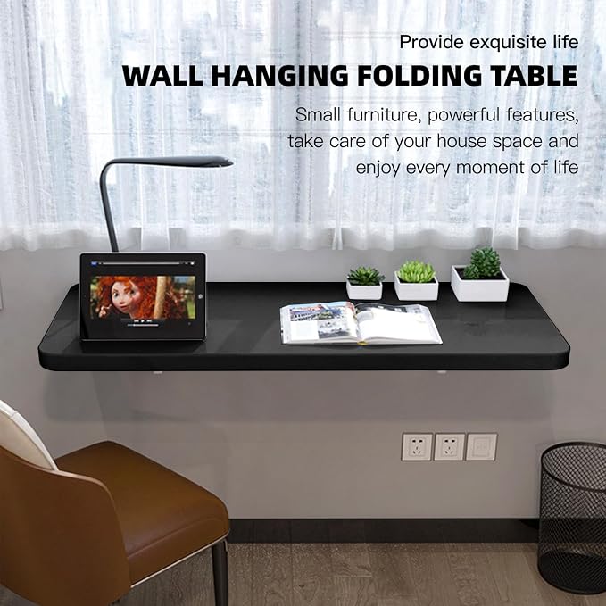 Folding Wall Table - Drop Down Wall Mounted Table - Suitable for Office, Study, Bedroom, Kitchen, Dining Room, Laundry and Other Places - Black - 35.4"D x 19.7"W