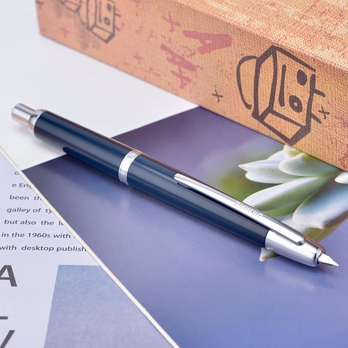 Jinhao 20 Press Fountain Pen, Dark Blue Retractable Fine Nib with Ink Converter Set (Silver Clip)