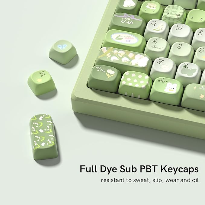 Womier Cute Bunny PBT Keycaps 132 Keys, MOA Profile Keycaps 60 65 75 98 100 Percent, Green Natural Custom Keycap Set for 61/64/68/84/87/100/104/108 Mechanical Keyboards (Green)