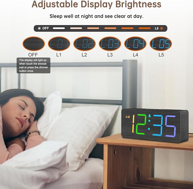 DreamSky Wooden Digital Alarm Clock for Bedroom, Living Room Desk | RGB Loud Alarm Clock for Heavy Sleepers with Volume Control, Large Numbers with Dimmer, Office Wood Decor (Plug in Clock)