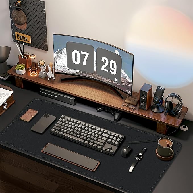 Bleswin Double-Sided Desk Mat, 23.6''×13.8'', PU Leather Mouse Pad, Waterproof Desk Pad, Laptop Leather Desk Mat, Protector for Keyboard and Mouse for Office and Home (Black+Grey)