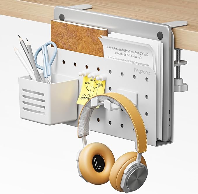 PEGZONE Desk Side Storage Organizer, Fits Flat Edge 0.4" to 2.2", White | No Drill Under Desk Laptop Holder, Clamp on Desks Shelf with Pegboard Accessories, Hanging Laptop Mount
