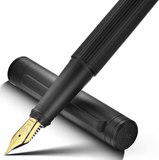 Matte Black Forest Fountain Pen, Exquisite Vertical Grooving Design, 18K Gilded Nib (Fine), Fancy Pen Gift Set for Men & Women, Professional, Business Signature, Office, Nice Designer Pens