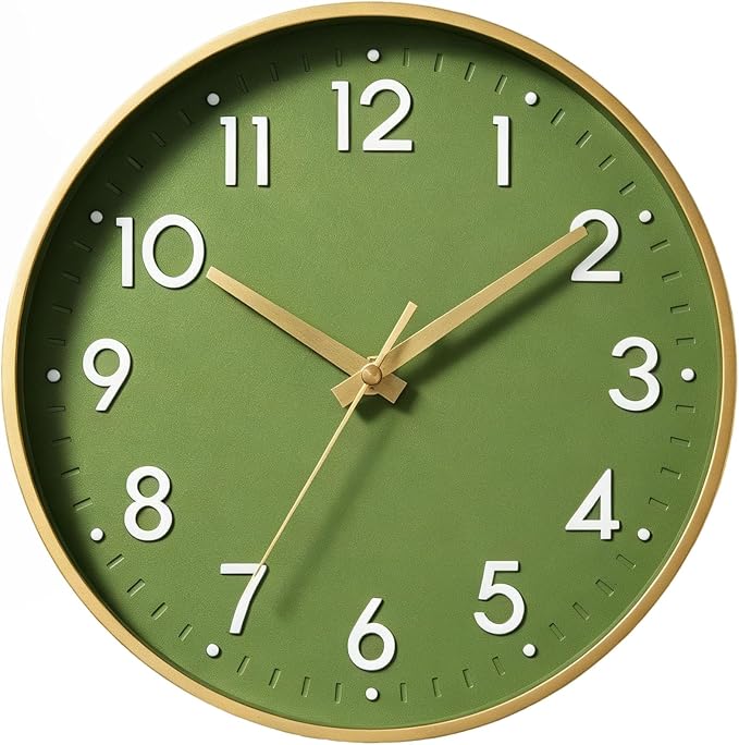 Mosewa 14 Inch Wall Clock Battery Operated Silent Non Ticking Analog | Olive green & gold modern clock; oversized 3D easy-read dial for kitchen, bedroom & office; 1 AA battery (not included)