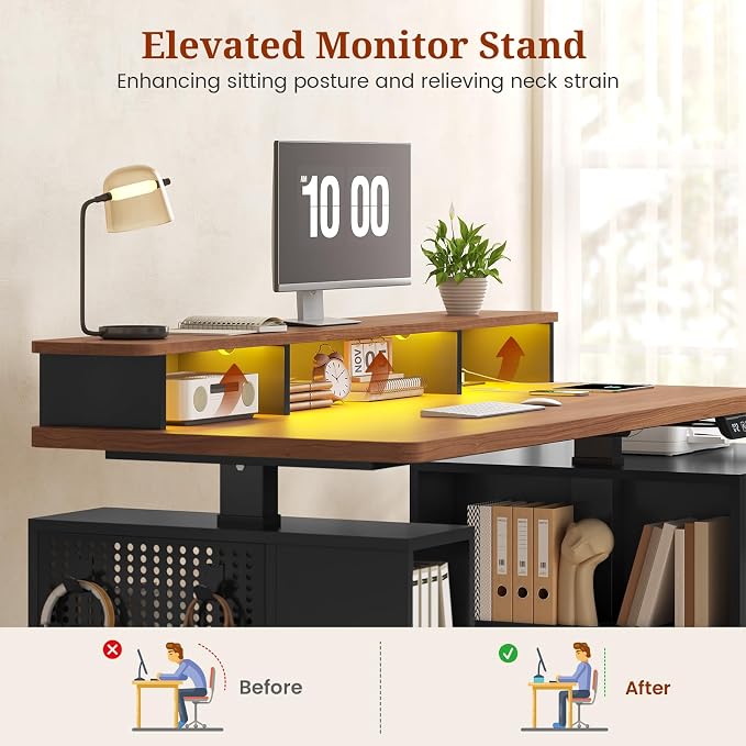 Standing Desk Adjustable Height, 70" Executive Electric Office Desk, Sit Stand Computer Desk with Storage Drawer, Power Outlets, Led Lights, Monitor Stand, Printer Space, Pegboard Black&Walnut