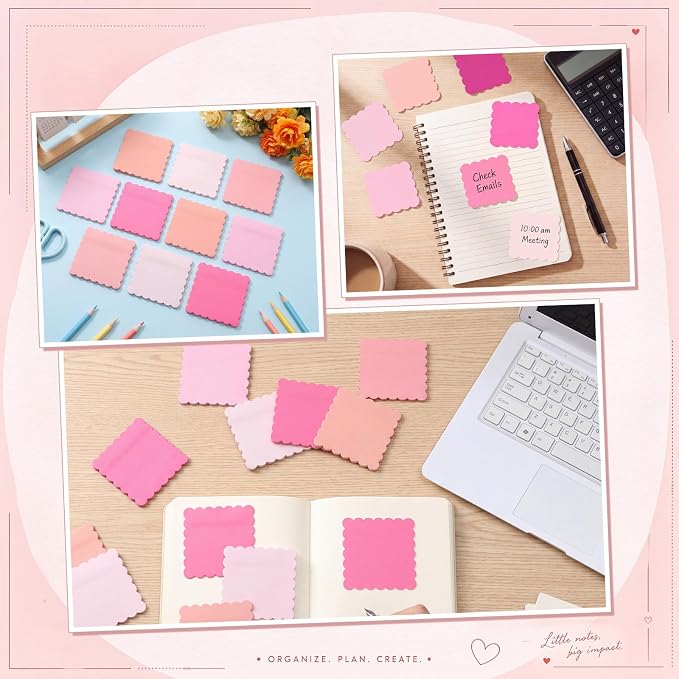 Epakh 10 Pack Scalloped Sticky Notes Bulk 3"x3" Cute Aesthetic Memo Pads 5 Gradient Colors Wavy Self Notepads for Office Study and Daily Life Organization, 300 Sheets(Pink)