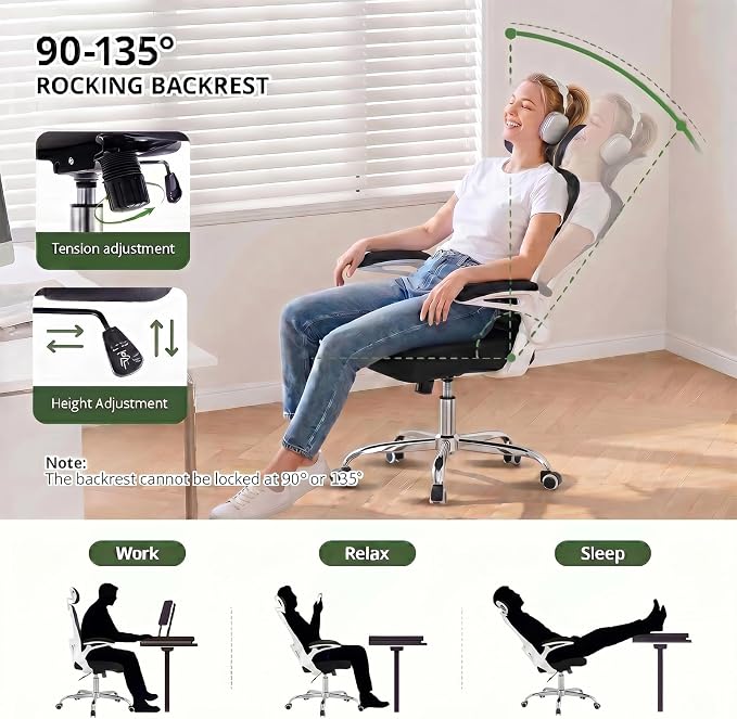 Office Chair, Ergonomic Breathable Mesh Chair,Flip-Up Arms and Adjustable High Back Lumbar Support,Comfy Computer Chair for Home Office (Black/White, 407)