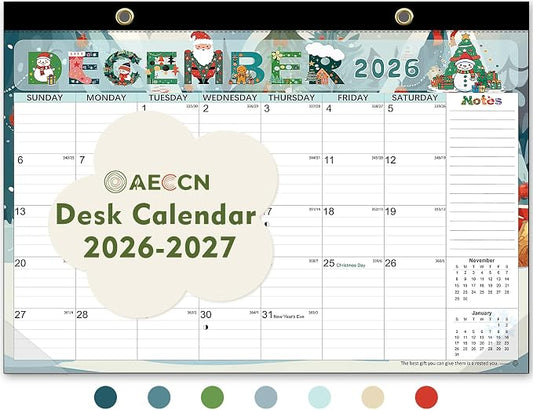 AECCN Desk Calendar 2026-2027, 18 Months Calendar, 17" x 11.4" Large Space, Anti Ink Bleed and Transparent Cover, Desktop Calendar with Stickers for Home & Office Planning-Colorful