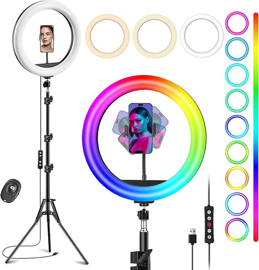 12'' Ring Light with Stand 75'' Tall & Phone Holder, 100+ Color Modes Selfie Light with Tripod Stand, Big LED Circle Lights for iPhone/Android/Camera/YouTube/Makeup/Live Stream/TikTok/Video