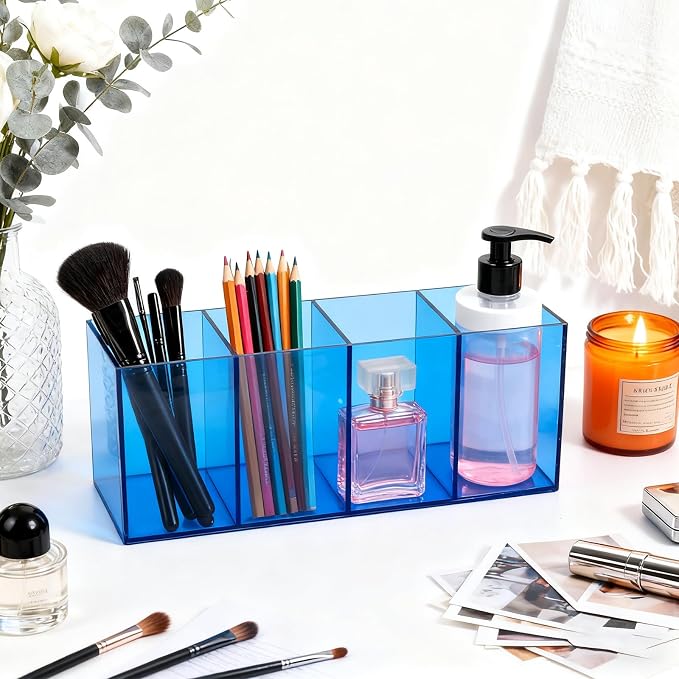 Pen Holder for Desk Neon Acrylic Pencil Holder Cup Makeup Brush Storage Organizer for Vanity, Blue