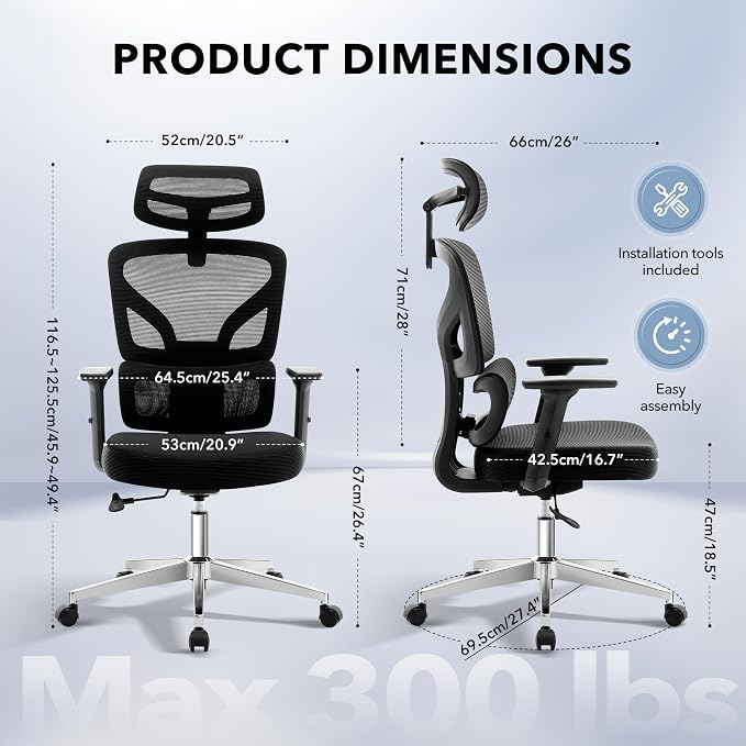 Office Chair Ergonomic Desk Chair - Home Mesh Office Desk Chair with Adjustable Lumbar Support, High-Back Computer Gaming Chair with Headrest 3D Armrests, Rolling Swivel Task Chairs for Home, Office