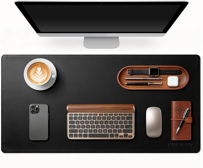 POCHAR Vegan Leather Desk Mat 31" x 16" - Desk Pad Protector for Desktop | Non-Slip PU Leather Dual-Sided Office Desk Blotter for Laptop Mouse Keyboard - Waterproof Writing Signing Pad, Black