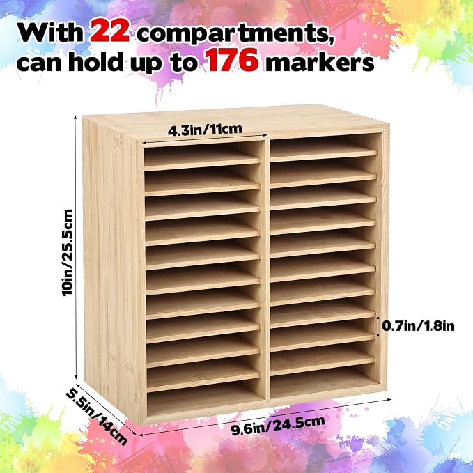 11-Tier Bamboo Marker Organizer with 22 Compartments - Holds 176 Art Markers, No Assembly Horizontal Storage Marker Rack, Bamboo Pen Holder for Desk, Classroom & Office Stationery