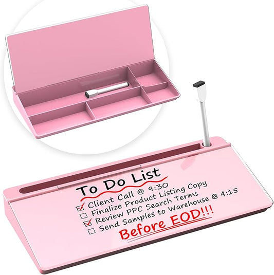 Glass Desktop Whiteboard, Dry Erase Board with Marker Holder, Computer Monitor Message Board and Desk Organizer for Home, Office and School Supplies (Pink)