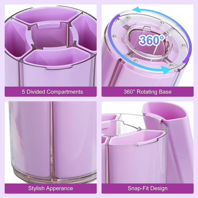 Comix 360° Rotating Pen Holder for Desk, Purple Pencil Holder with 5 Slots | Expandable Capacity, Acrylic Pen Organizer Easy to Clean, Cute Pencil Cup for Home School Office Art Supplies