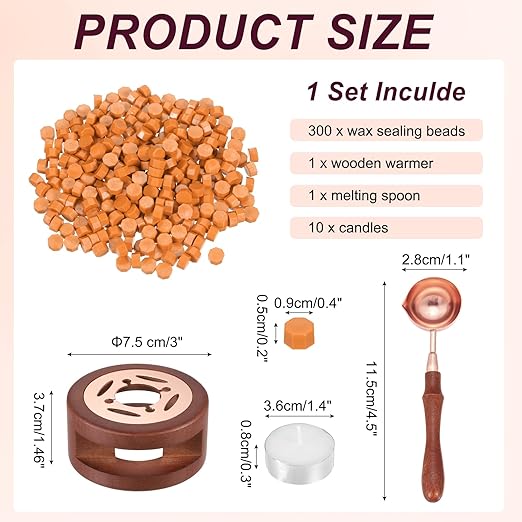 PATIKIL Wax Seal Kit, 300 Pcs Wax Sealing Beads, Wooden Warmer, Melted Spoon, 10 Pcs Tealight Candles for Envelope Letter Mailing Crafts DIY, Fresh Orange