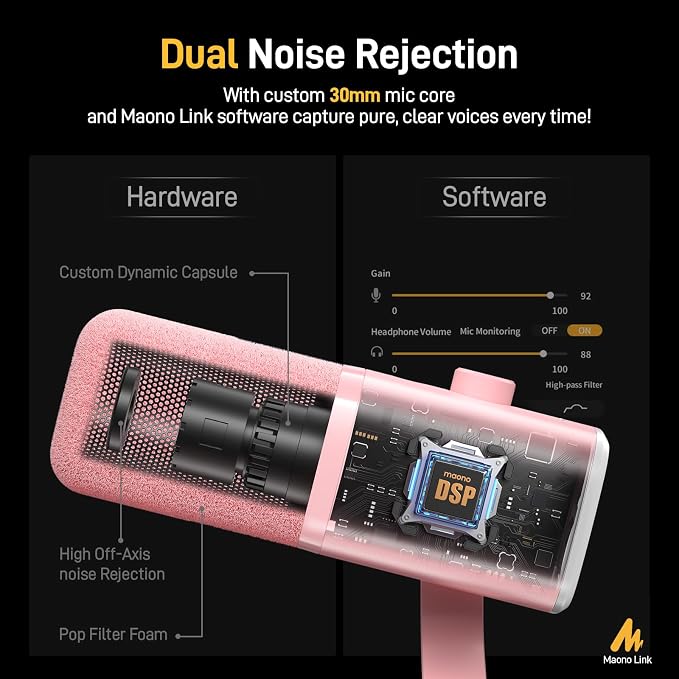 MAONO USB/XLR Podcasting Microphone for PC, Gaming Streaming Dynamic Mic with Mute Button, RGB, Desktop Stand,Computer Mic for Video Studio Recording-PD100X,Pink