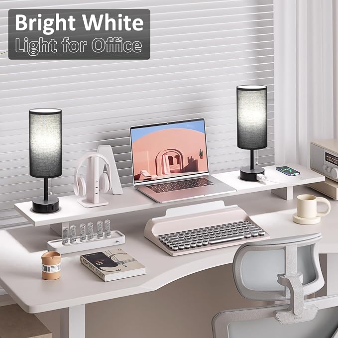 Fenmzee Black Bedside Table Lamps Set of 2-3 Color Temperatures Pull Chain Lamp with AC Outlet Charging Port, Round Night Stand Lamps for Bedroom Office, Small Bed Side Light with E26 LED Bulbs