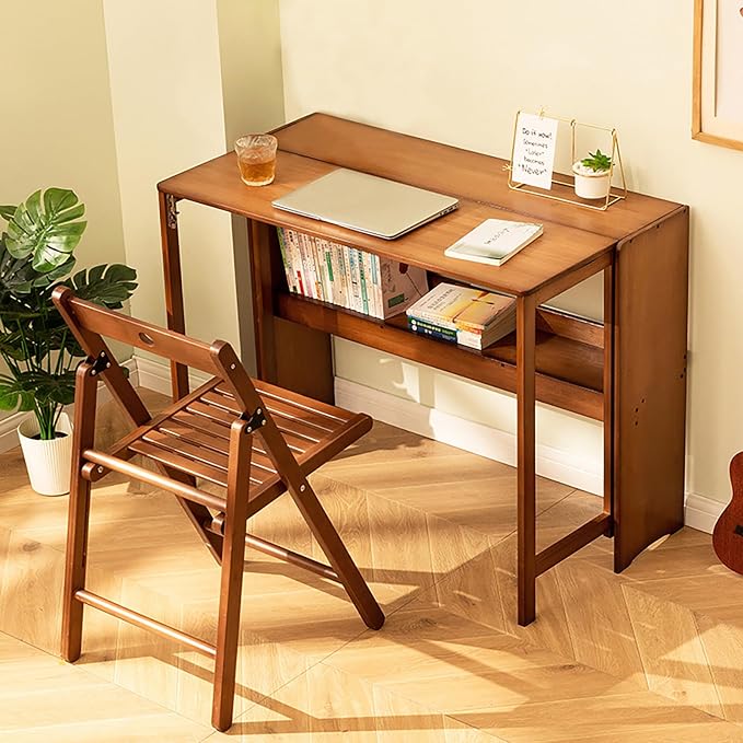 Folding Desk for Small Space, Computer Desk with Bookshelf Multifunctional Bamboo Rectangular Dining Table Work Desk, Writing Desk for Student Office, 40.5" W x 29.9" H (Dark Brown)