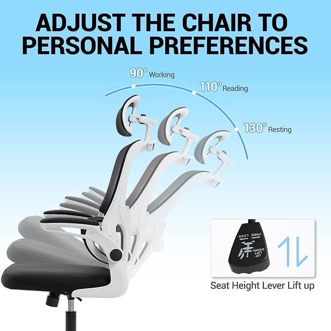 Ergonomic Office Chair with Flip-up Arms, White | Home Desk Chair w/ Coat Hook, Adjustable Headrest and Lumber Support, Mesh Computer Gaming Chair, 330 LBS