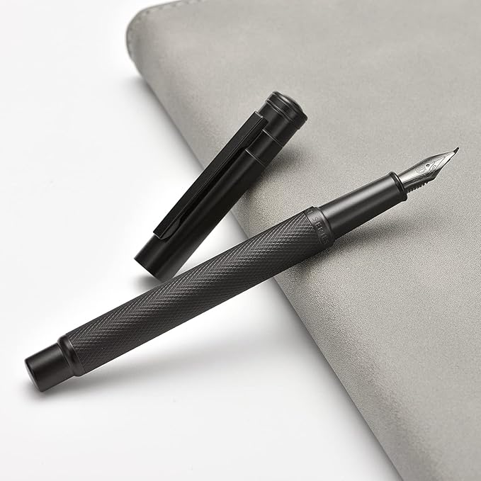 Brushed Black Forest Fude Pen, Bent Nib Calligraphy Fountain Pen (Fine to Broad) with Converter and Metal Box Set by Asvine