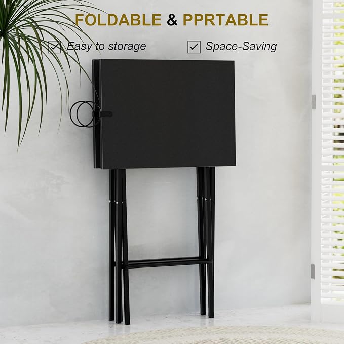 VECELO Folding TV Tray for Eating Set of 2, Portable Dinner/Snack Table with Cup Holder for Couch, Living Room and Small Space, Matte & Black