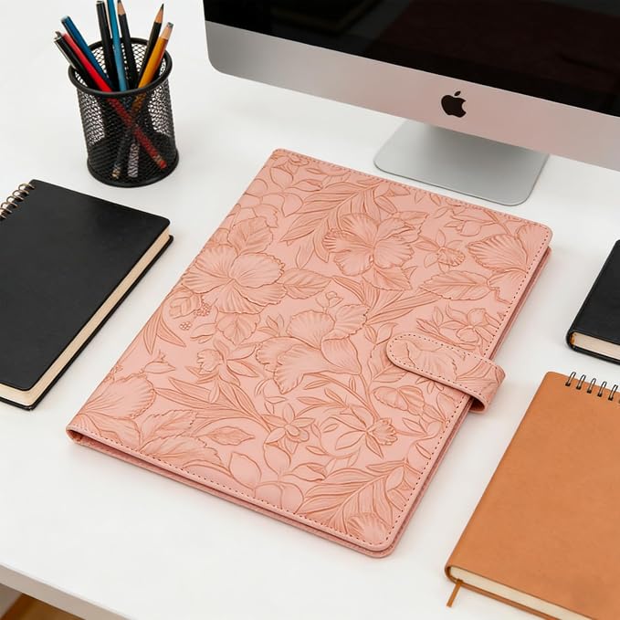 VANRA Padfolio Portfolio Binder Faux Leather Interview Resume Folder with Notepad, Document Organizer Card Holder, Letter-Sized Notepad Portfolio Organizer for Business School Office (Pink)