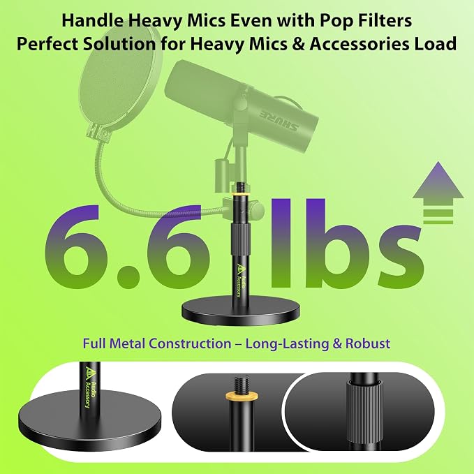 AA AUDIO ACCESSORY Short Mic Stand Desk, Ultra Low 5 Inch Adjustable, 6.6lbs Load Capacity, All-Metal Desktop Microphone Stand Table for Shure SM7B SM7dB MV7+ MV7X MV6, Fifine Yeti Rode PodMic MAONO