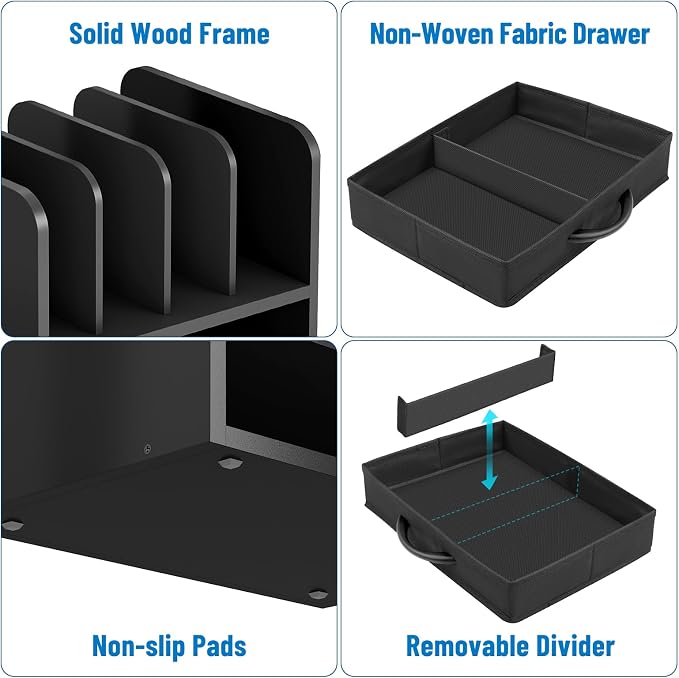 Desk File Organizer for Home, Office, School, Wooden Frame Desktop Storage Solution for Office Supplies, Documents, Papers, Folders and Stationery, Space-Saving and Stylish Document Sorter