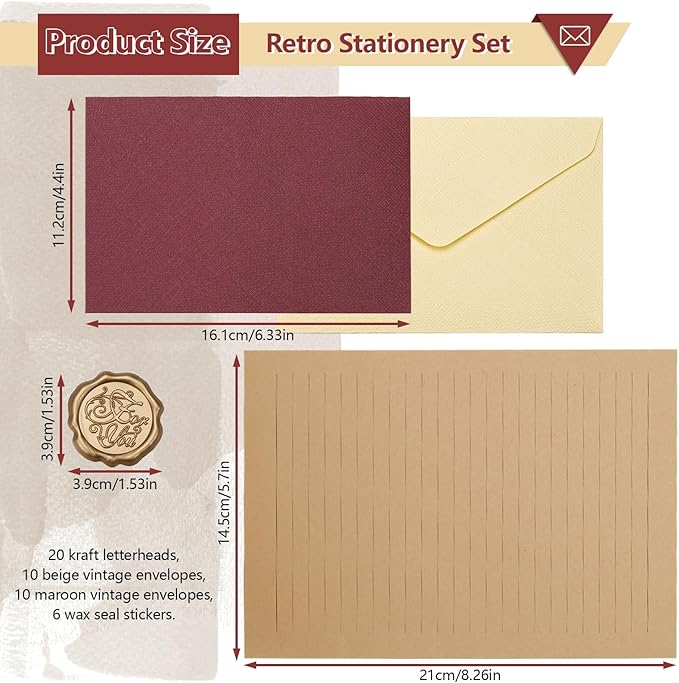 46Pcs Stationary Set and Envelopes (20 Lined Stationery Paper + 20 Linen Texture Vintage Envelope + 6 Wax Seal Stickers) for Letter Writing, 2 Colors Stationary Kit