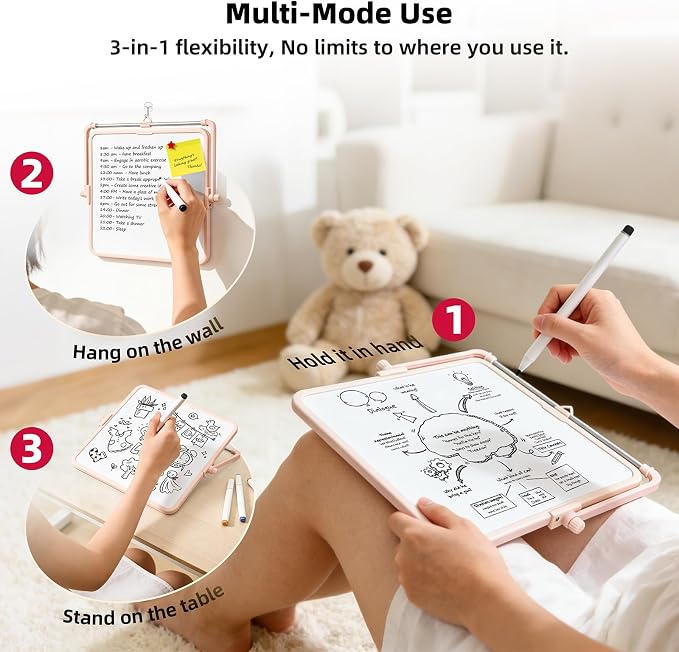 Colorful Dry Erase White Board 9.7x9.7in, Magnetic Desktop Board with Stand, 2 Markers (Eraser Head), 4 Magnets - Double-Sided Easel for Daily Planning, Memo, Office/Home/School (Pink)