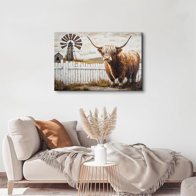 Country Farm Autumn Landscape Canvas Wall Art Vintage Longhorn Cow Pictures Farmhouse Kitchen Wall Decor Abstract Wild Animal Artwork for Walls Brown Cattle Posters Men's Bedroom Decorations 24x36"