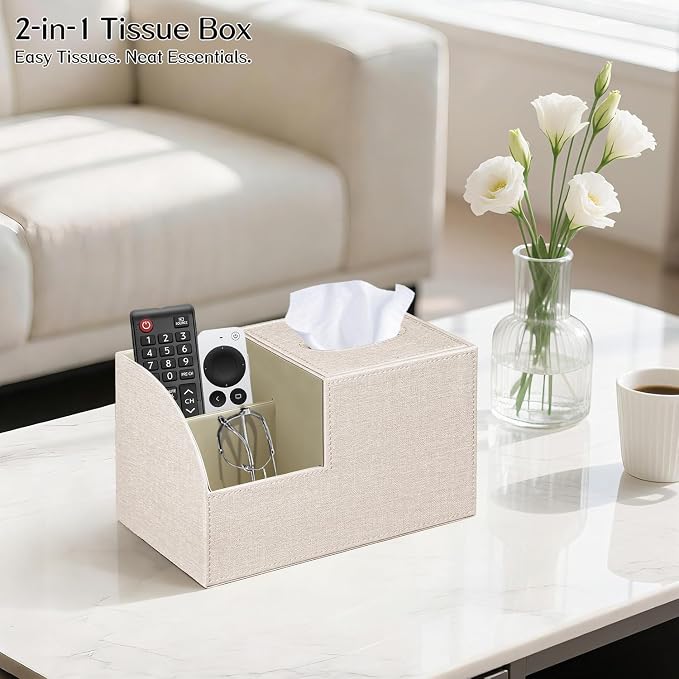 Square Tissue Box Cover with Storage, PU Leather Facial Cube Tissue Holder | TV Remote Control Holder, Desk Accessories Nightstand Organizer, Modern Table Caddy for Bathroom, Bedroom, Home, Office Decor