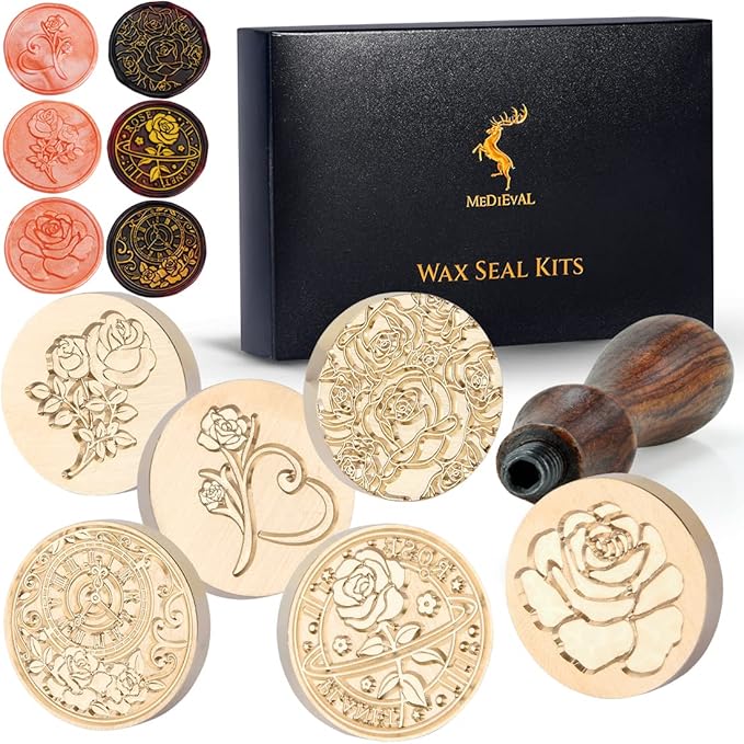Wax Seal Stamp Kits, 6 pcs Wax Stamp Brass Head & 1 Wooden Handle, 6 Rose Designs