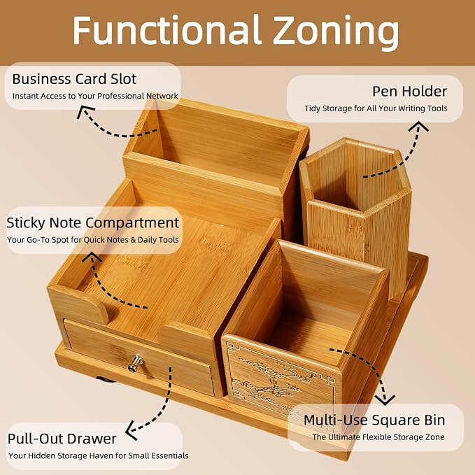 Bamboo Desk Organizer with Drawer & Pen Holder, Office Desk Caddy Storage | Natural Bamboo Wooden Desk Organizers and Accessories with Drawers Multi-Compartment Desktop Storage for Office Home Supplies