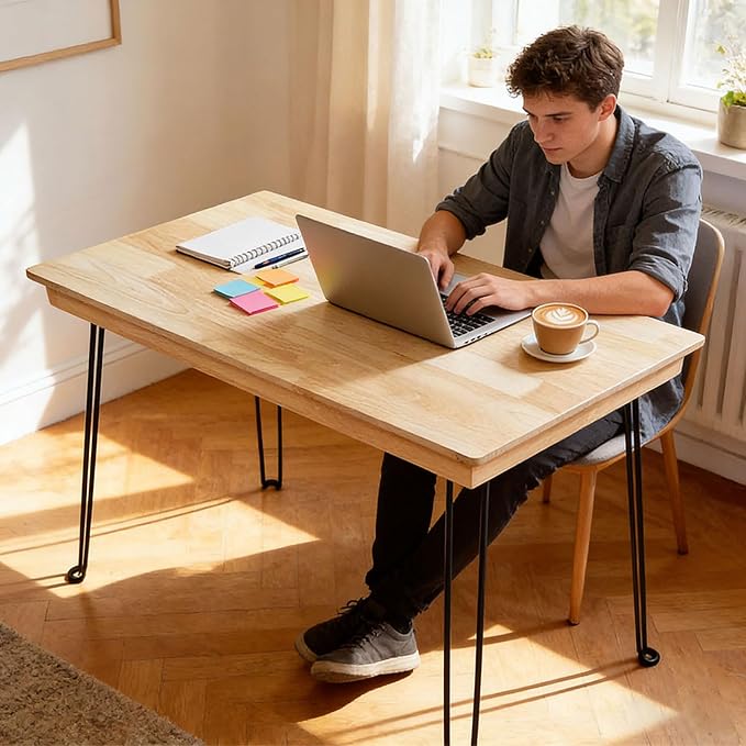 Folding Desk - 43 Inch Solid Oak Wood Small Folding Table with Sturdy Metal Legs and No Assembly Required - Space-Saving Portable Computer Workstation for Home Office Writing Reading