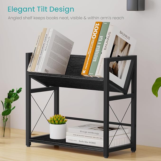 ELITEROO Desktop Bookshelf, 2 Tier Desk Book Organizer Shelf, Wood Tabletop Bookshelf Storage, Small Desk Top Bookcase for Office, Home, or Study, Mini Table Book Rack for Display, Black
