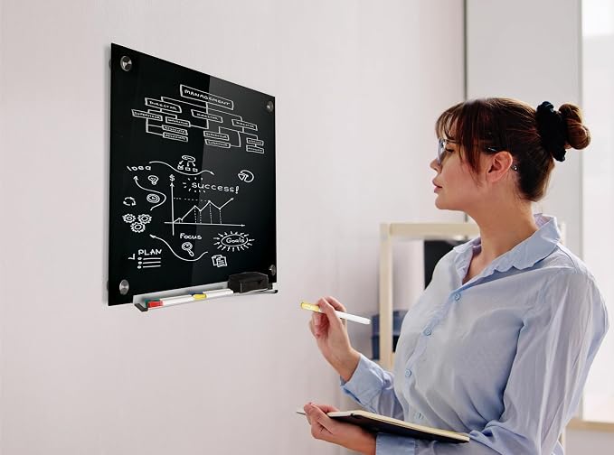 Real Glass Dry Erase Board, 18" x 24", Tempered Glass Surface, Frameless Wall Mount, with 4 Assorted Color Markers and Eraser, by Better Office Products (Jet Black)
