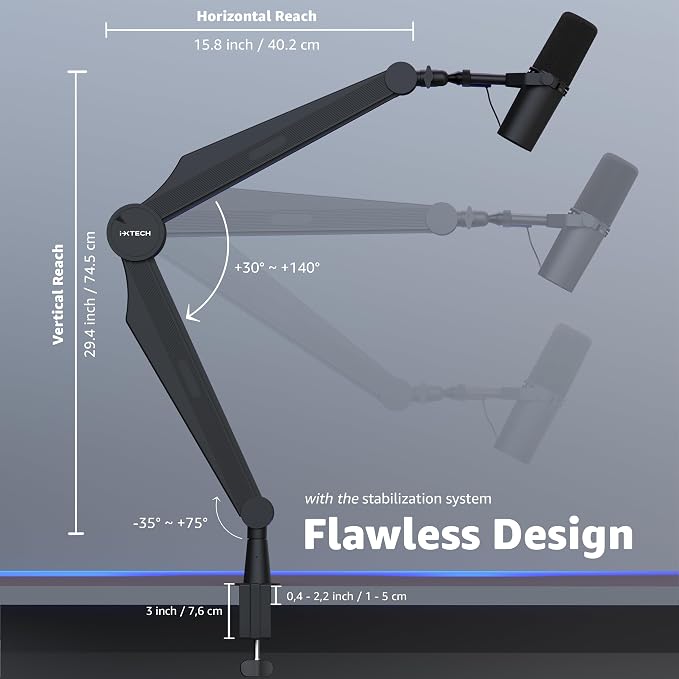 IXTECH Microphone Boom Arm Adjustable Stick Mic Arm Stand with Desk Mount Clamp Overhead 360° Rotatable Microphone Stand with Cable Management for Podcast Streaming Gaming Studio CAPTAIN Model