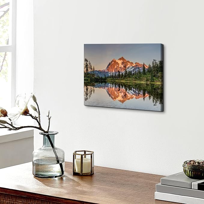 Mt Baker Mountain Wall Art Sunset Forest Landscape Wall Decor Nature Mount Shuksan Picture Canvas Prints National Parks Posters Lake Reflection Painting Artwork for Bedroom Office Decorations 16x24"