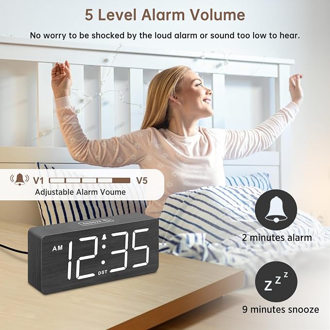 DreamSky Wooden Digital Alarm Clock for Bedroom with Large Numbers | Desk Clock for Living Room Office, Loud Alarm for Heavy Sleepers Adults, Volume Control, Dimmer, DST, Wood Decor (Plug-in)
