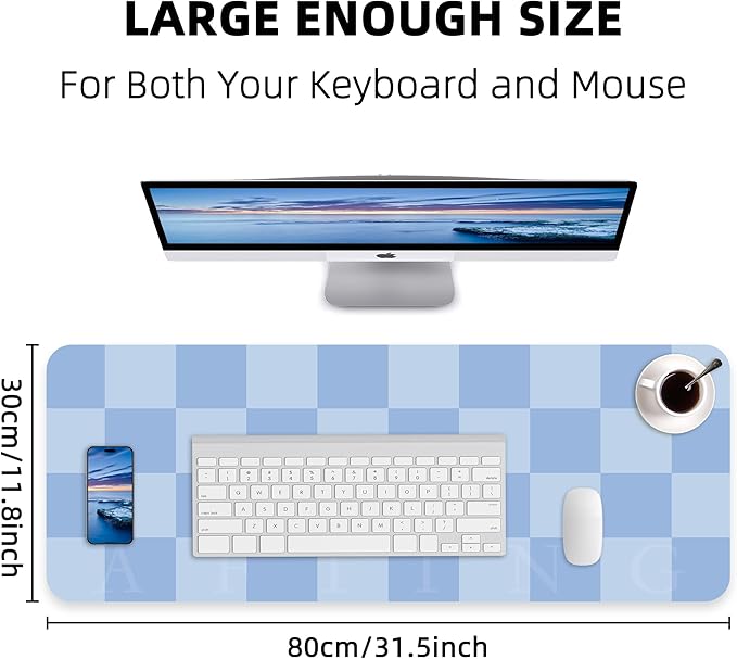 AFIING Light Blue Desk Mat 31.5" x 12", Waterproof PU Leather Desk Pad | Non-Slip Rubber Base, Easy Clean Surface, Desk Protection, Office & Home