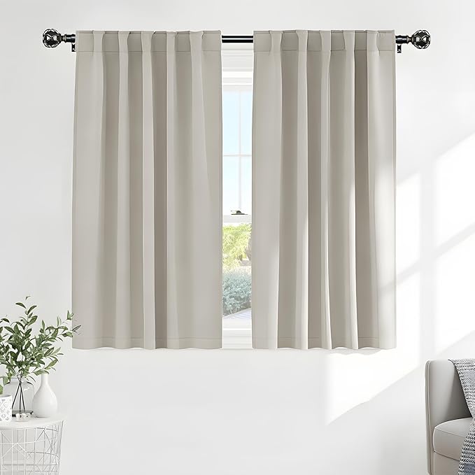 PONY DANCE Black Out Curtains 48 inch Long for Short Small Window, Rod Pocket and Back Tab Thermal Insulated Room Darkening Curtains for Kitchen/Cabinet/Basement(2 Panels, W42 x L48 inch, Cream)