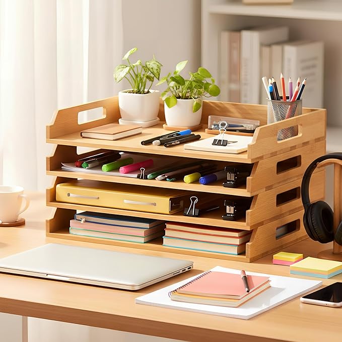 4 Pcs Stackable Paper Tray Bamboo Wood Desk Organizer Letter Tray 4 Tier Wooden File Organizer Desk Shelf for Documents, Letter Sorter, Envelopes and Magazine Holder