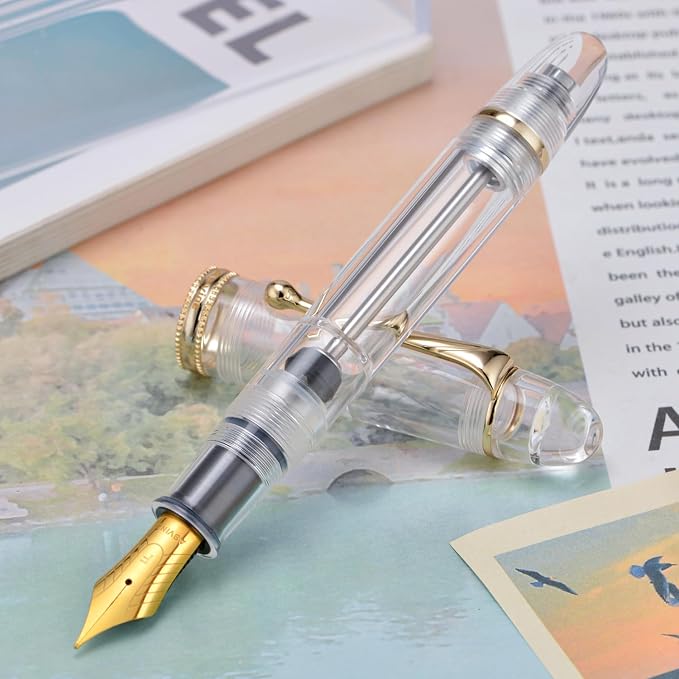 Asvine V800 Fountain Pen - Vacuum Filling System with Large Ink Capacity - Smooth Number 8 Stub Nib 1.1 mm Calligraphy Art Drawing with Gift Case and Wrench- Clear Gold Acrylic