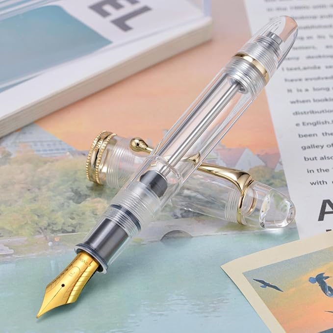 Asvine V800 Fountain Pen - Vacuum Filling System with Large Ink Capacity - Smooth Number 8 Medium Nib with Gift Case and Wrench - Clear Gold Acrylic