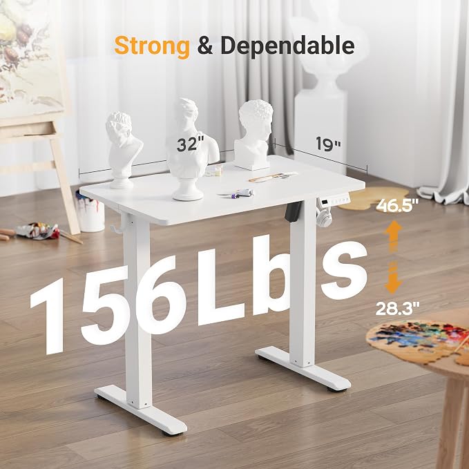 YDN Electric Standing Desk, 32x19 Inch, White | 3 Memory Presets, Cable Management, Adjustable Height, Sit Stand, Space-Saving, Computer Workstation, Home Office