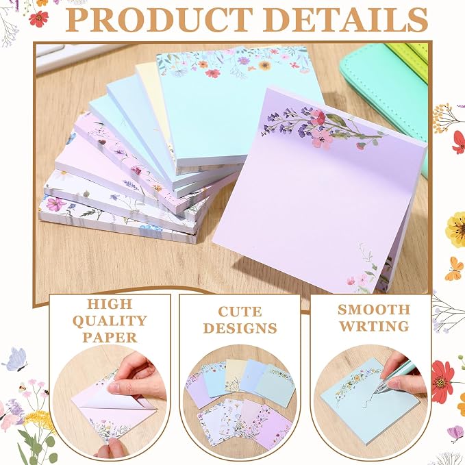 9 Pads Cute Sticky Notes Cartoon Self Stick Notepads 3x3 Inches Notes Adhesive Memo Pad Office Decor Gifts for Students School Teacher Office Meeting(Wildflower)